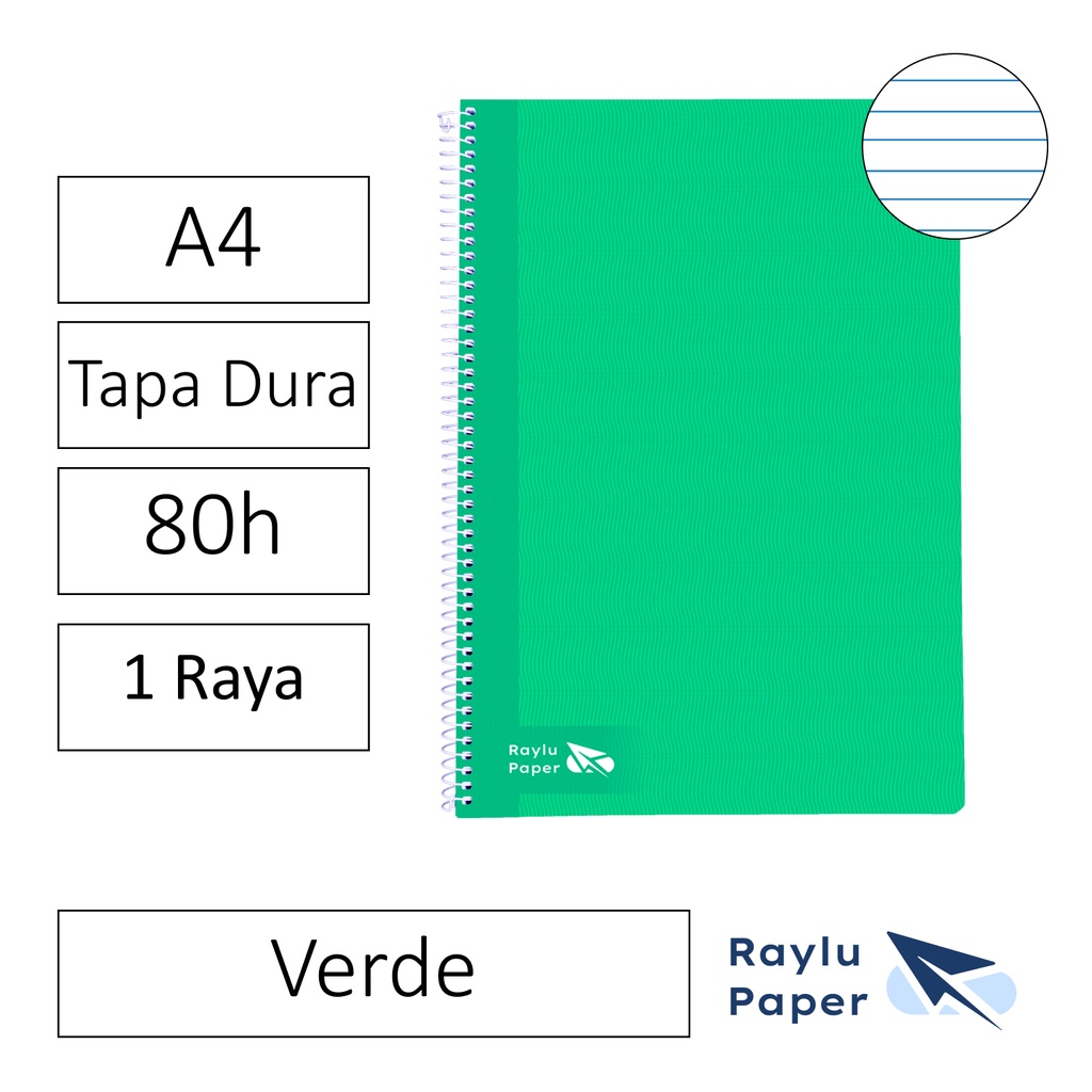 BLOC ESPIRAL FOLIO TAPA DURA 80 HOJAS 70 GRAMOS HORIZONTAL VERDE RAYLU