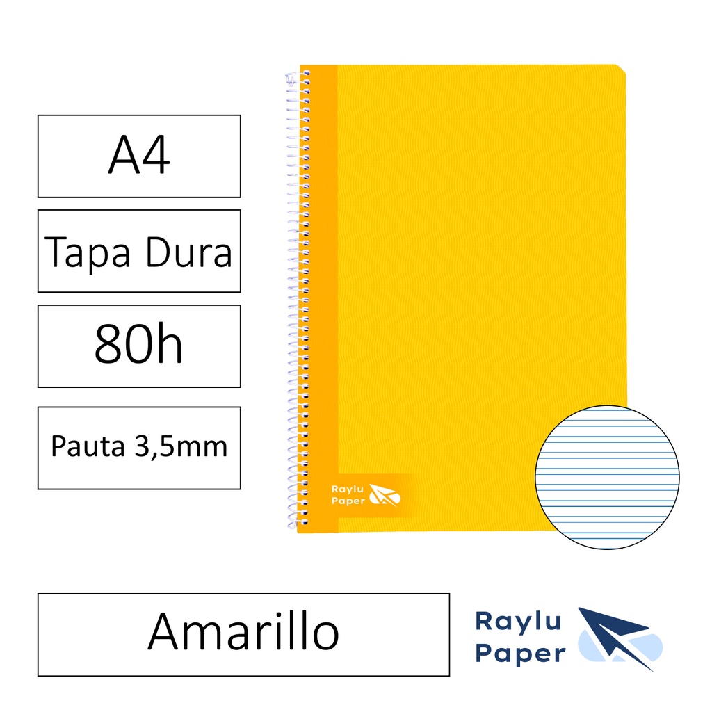 BLOC ESPIRAL FOLIO TAPA DURA 80 HOJAS 70 GRAMOS PAUTA 3,5MM AMARILLO RAYLU