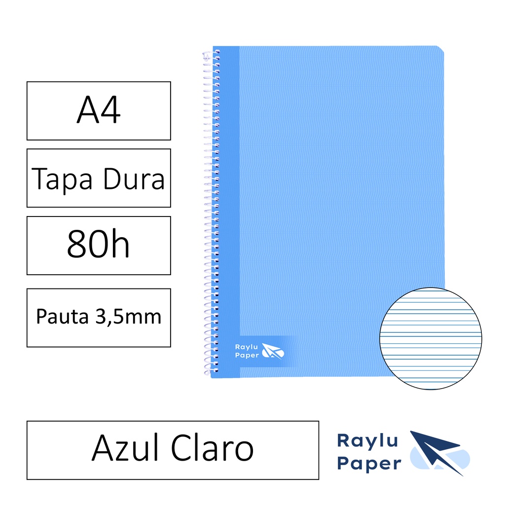 BLOC ESPIRAL FOLIO TAPA DURA 80 HOJAS 70 GRAMOS PAUTA 3,5MM AZUL CLARO RAYLU