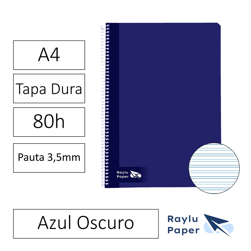 BLOC ESPIRAL FOLIO TAPA DURA 80 HOJAS 70 GRAMOS PAUTA 3,5MM AZUL OSCURO RAYLU