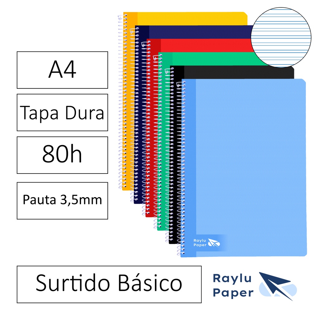 BLOC ESPIRAL FOLIO TAPA DURA 80 HOJAS 70 GRAMOS PAUTA 3,5MM COLORES SURTIDOS RAYLU