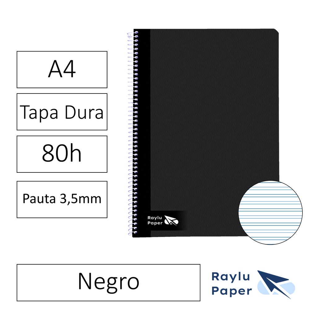 BLOC ESPIRAL FOLIO TAPA DURA 80 HOJAS 70 GRAMOS PAUTA 3,5MM NEGRO RAYLU