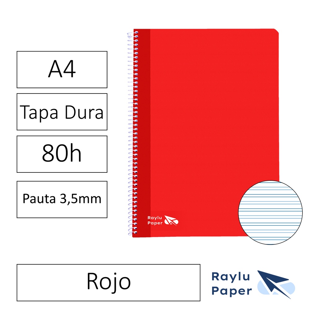 BLOC ESPIRAL FOLIO TAPA DURA 80 HOJAS 70 GRAMOS PAUTA 3,5MM ROJO RAYLU
