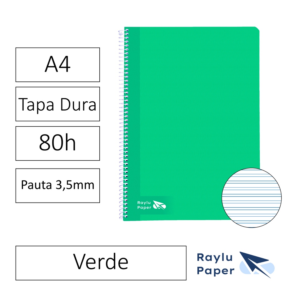 BLOC ESPIRAL FOLIO TAPA DURA 80 HOJAS 70 GRAMOS PAUTA 3,5MM VERDE RAYLU