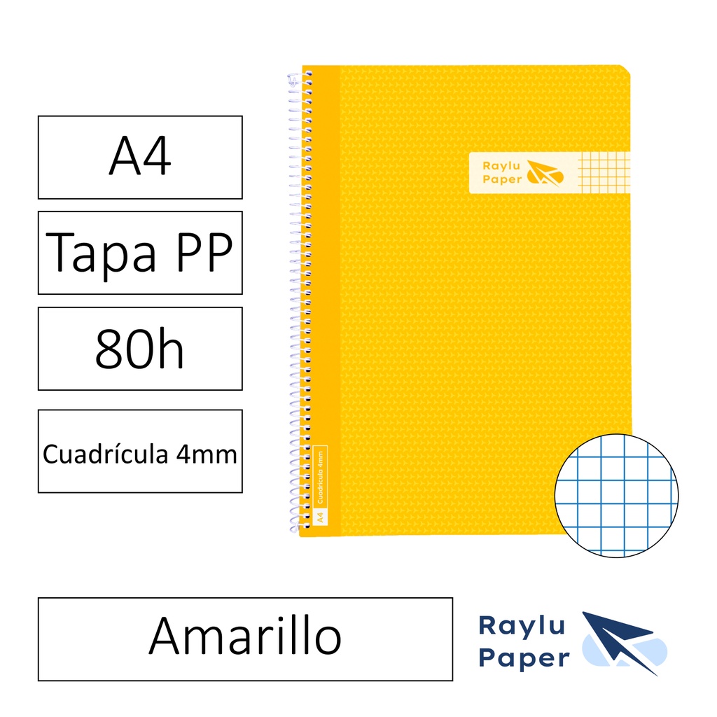 BLOC ESPIRAL FOLIO TAPA PLASTICO 80 HOJAS 90 GRAMOS CUADRO 4MM AMARILLO RAYLU