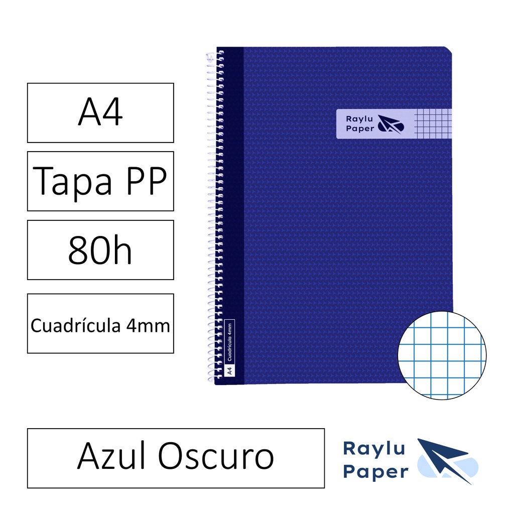 BLOC ESPIRAL FOLIO TAPA PLASTICO 80 HOJAS 90 GRAMOS CUADRO 4MM AZUL OSCURO RAYLU