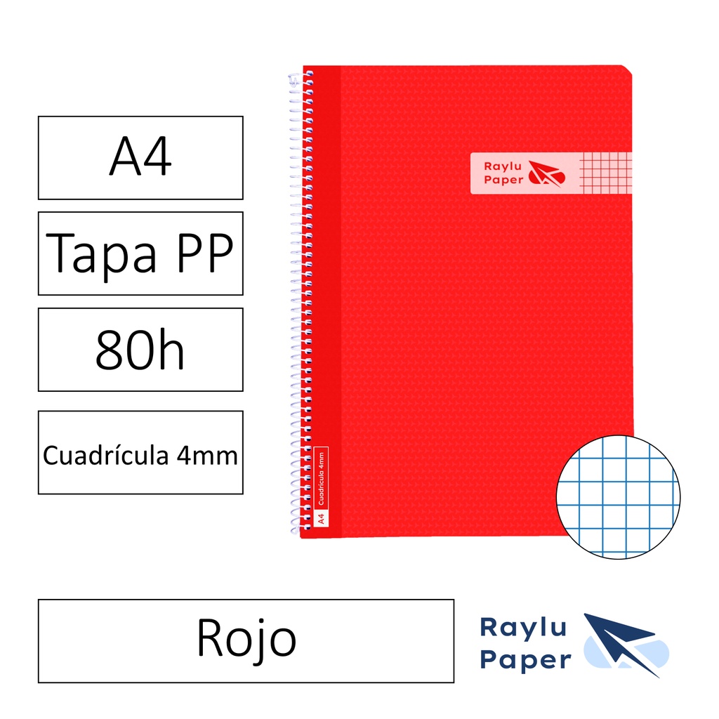 BLOC ESPIRAL FOLIO TAPA PLASTICO 80 HOJAS 90 GRAMOS CUADRO 4MM ROJO RAYLU