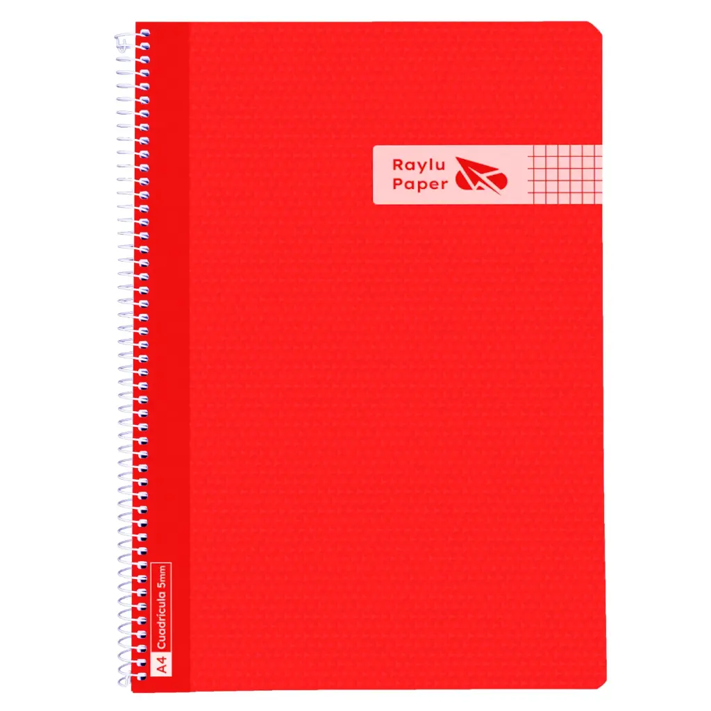 BLOC ESPIRAL FOLIO TAPA PLASTICO 80 HOJAS 90 GRAMOS CUADRO 4MM ROJO RAYLU