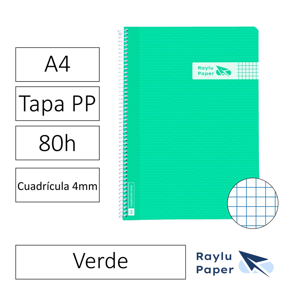 BLOC ESPIRAL FOLIO TAPA PLASTICO 80 HOJAS 90 GRAMOS CUADRO 4MM VERDE RAYLU