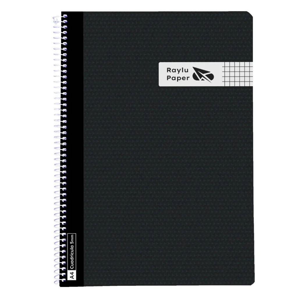 BLOC ESPIRAL FOLIO TAPA PLASTICO 80 HOJAS 90 GRAMOS CUADRO 4MM NEGRO RAYLU