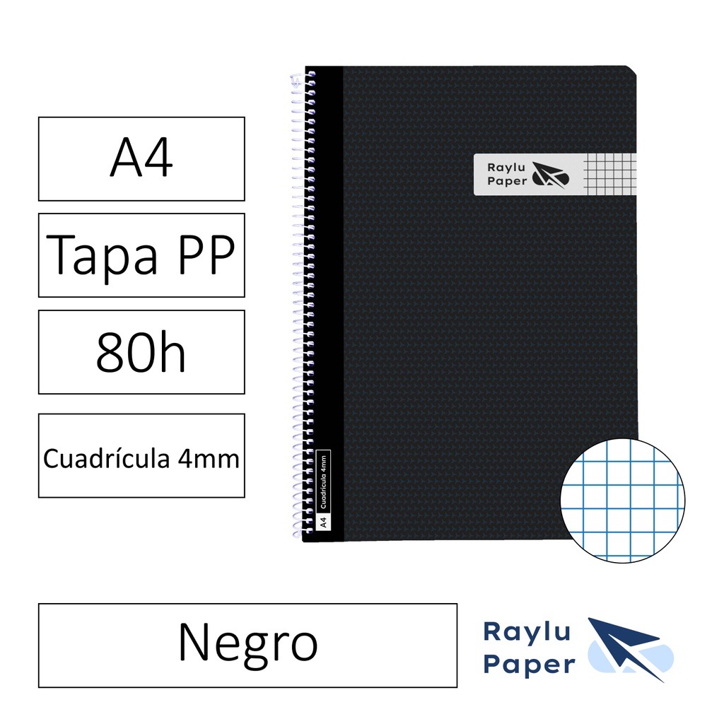 BLOC ESPIRAL FOLIO TAPA PLASTICO 80 HOJAS 90 GRAMOS CUADRO 4MM NEGRO RAYLU