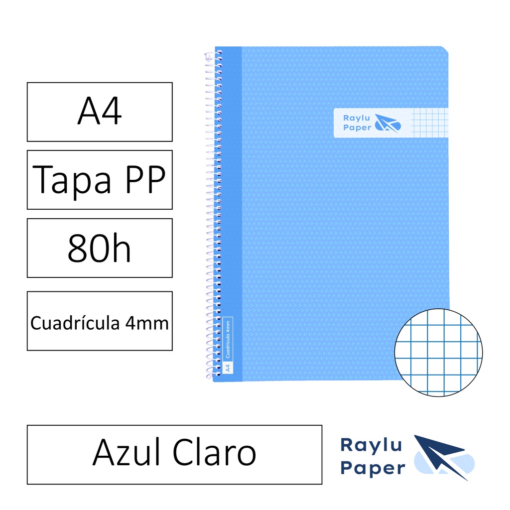 BLOC ESPIRAL FOLIO TAPA PLASTICO 80 HOJAS 90 GRAMOS CUADRO 4MM AZUL CLARO RAYLU