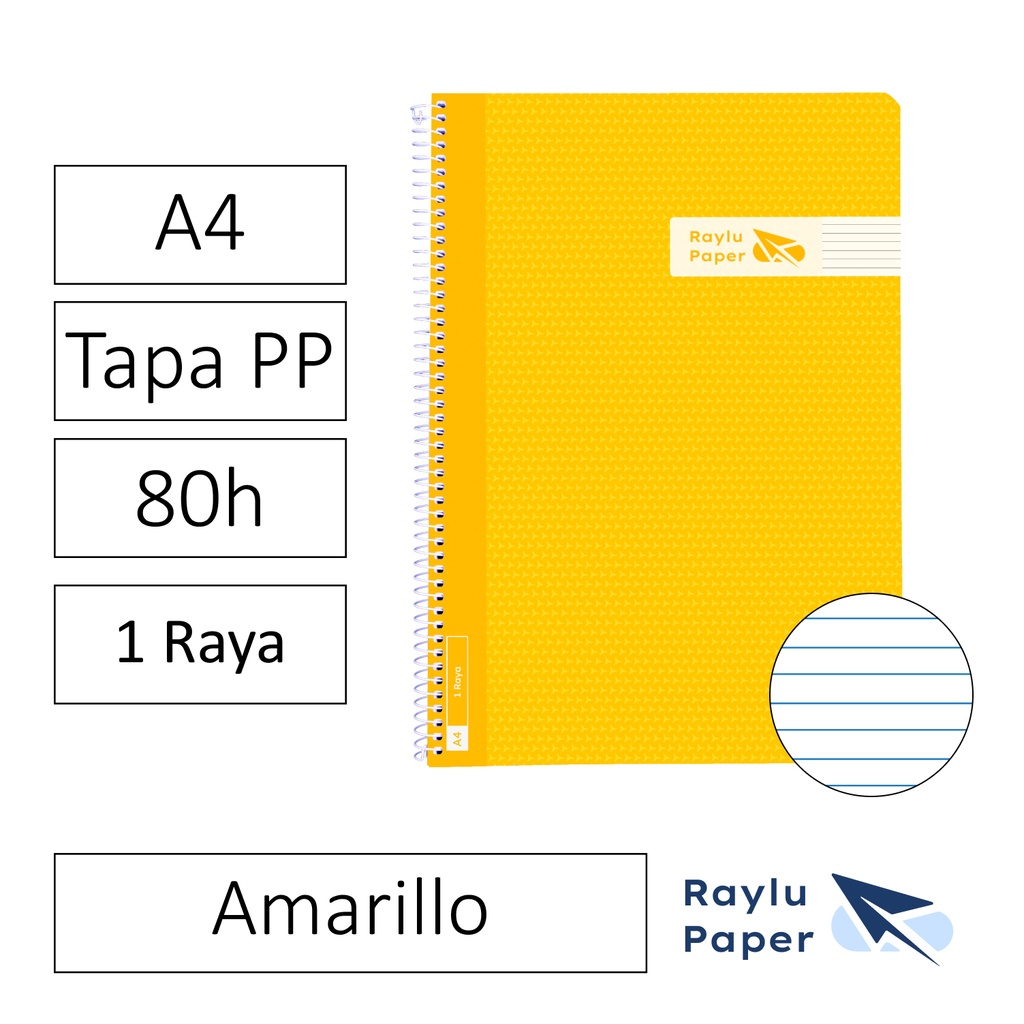BLOC ESPIRAL FOLIO TAPA PLASTICO 80 HOJAS 90 GRAMOS HORIZONTAL AMARILLO RAYLU