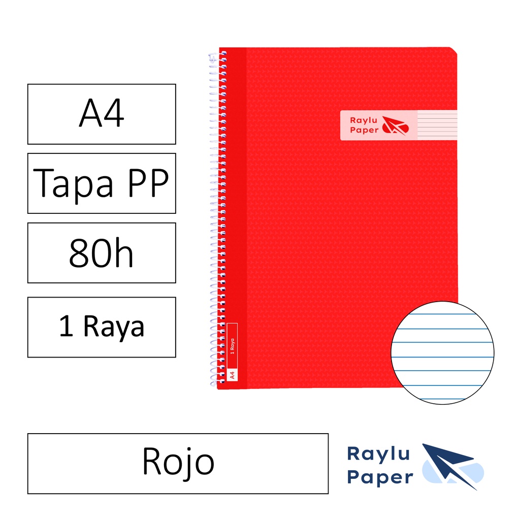 BLOC ESPIRAL FOLIO TAPA PLASTICO 80 HOJAS 90 GRAMOS HORIZONTAL ROJO RAYLU
