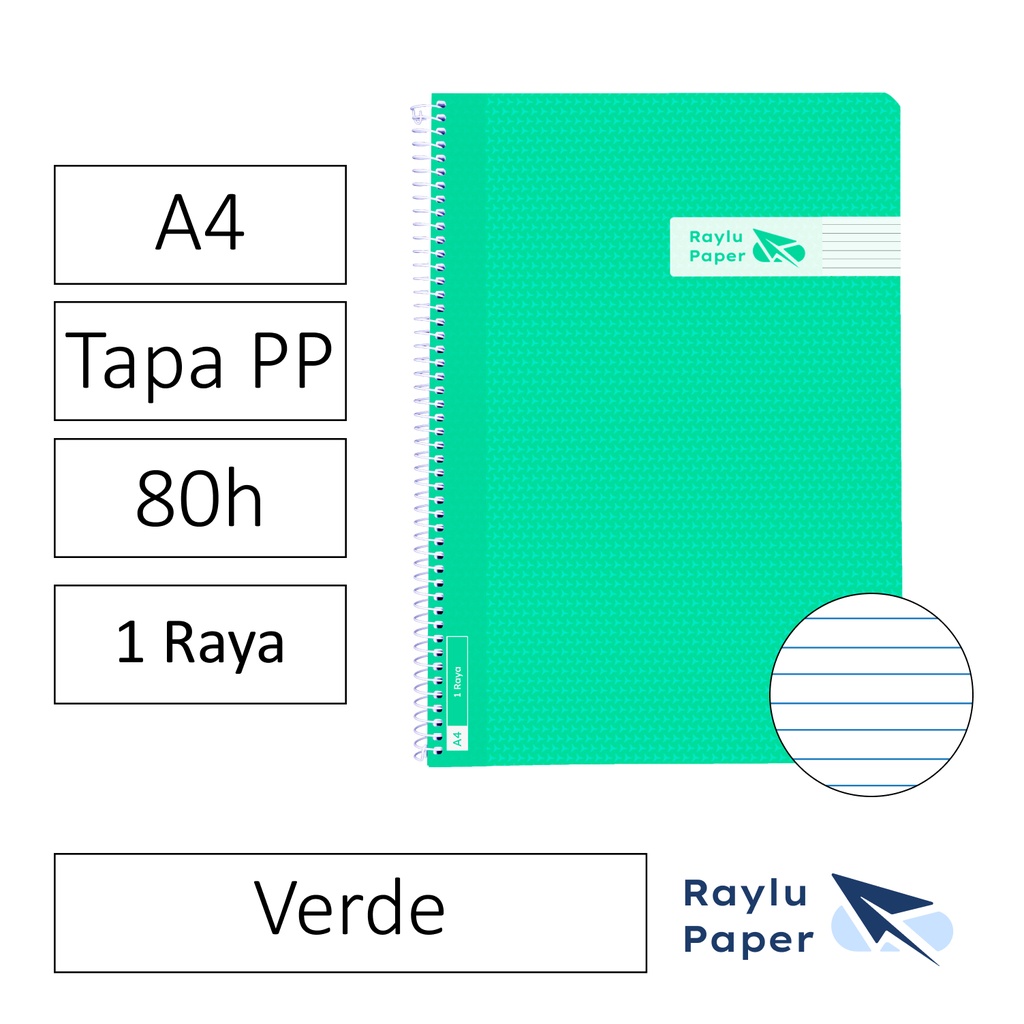 BLOC ESPIRAL FOLIO TAPA PLASTICO 80 HOJAS 90 GRAMOS HORIZONTAL VERDE RAYLU