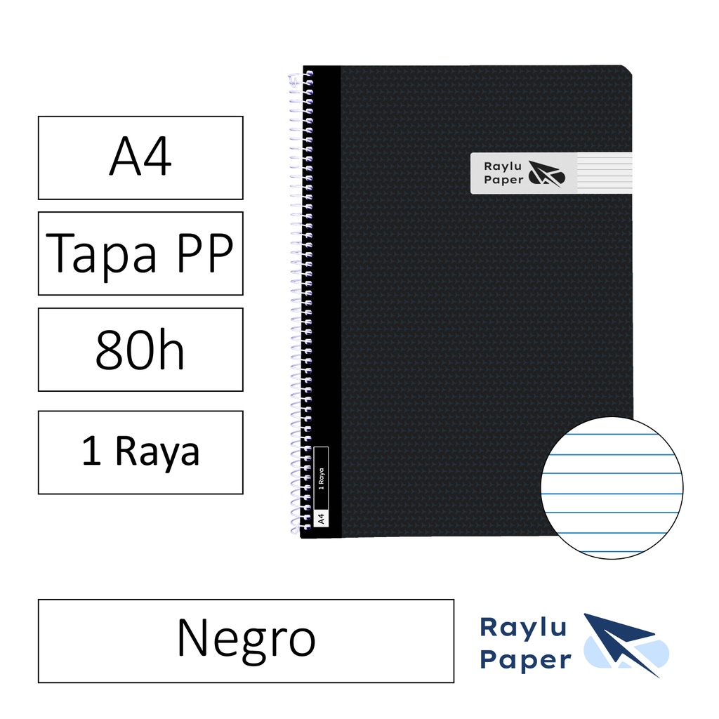 BLOC ESPIRAL FOLIO TAPA PLASTICO 80 HOJAS 90 GRAMOS HORIZONTAL NEGRO RAYLU