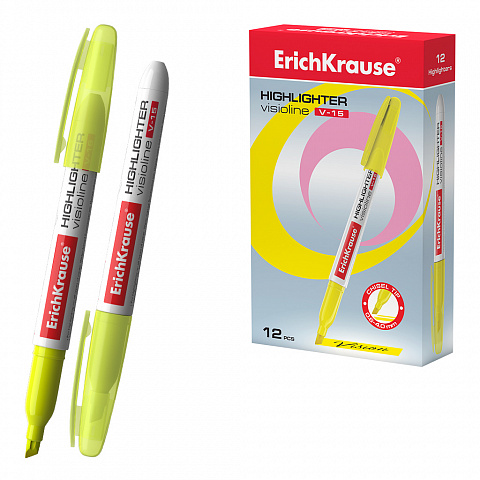 MARCADOR FLUORESCENTE ERICHKRAUSE  AMARILLO V-15 – PUNTA BISELADA – CAJA 12 UDS