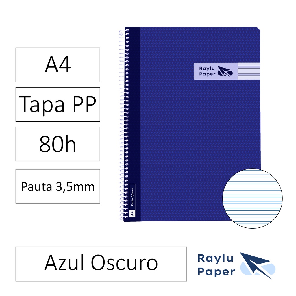 BLOC ESPIRAL FOLIO TAPA PLASTICO 80 HOJAS 90 GRAMOS PAUTA 3,5MM AZUL OSCURO RAYLU