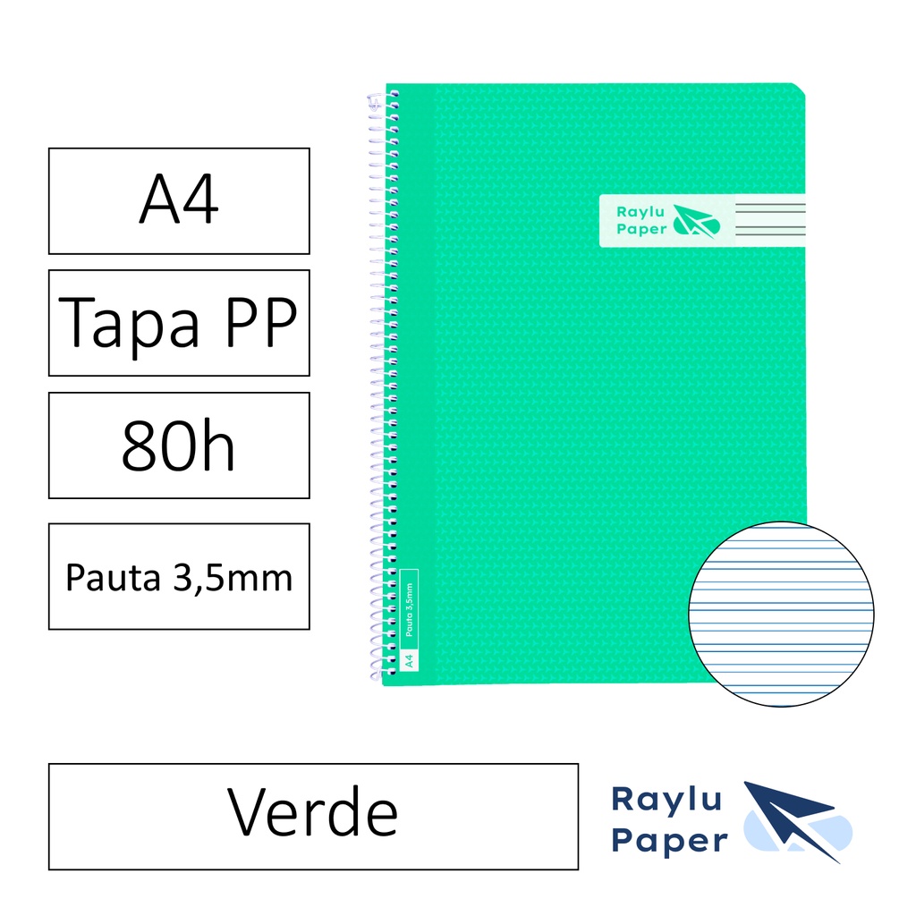 BLOC ESPIRAL FOLIO TAPA PLASTICO 80 HOJAS 90 GRAMOS PAUTA 3,5MM VERDE RAYLU