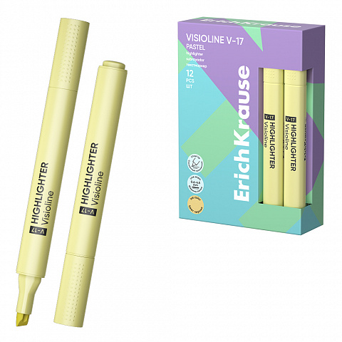 MARCADOR FLUORESCENTE ERICHKRAUSE AMARILLO PASTEL V-17 – PUNTA BISELADA – CAJA 12 UDS