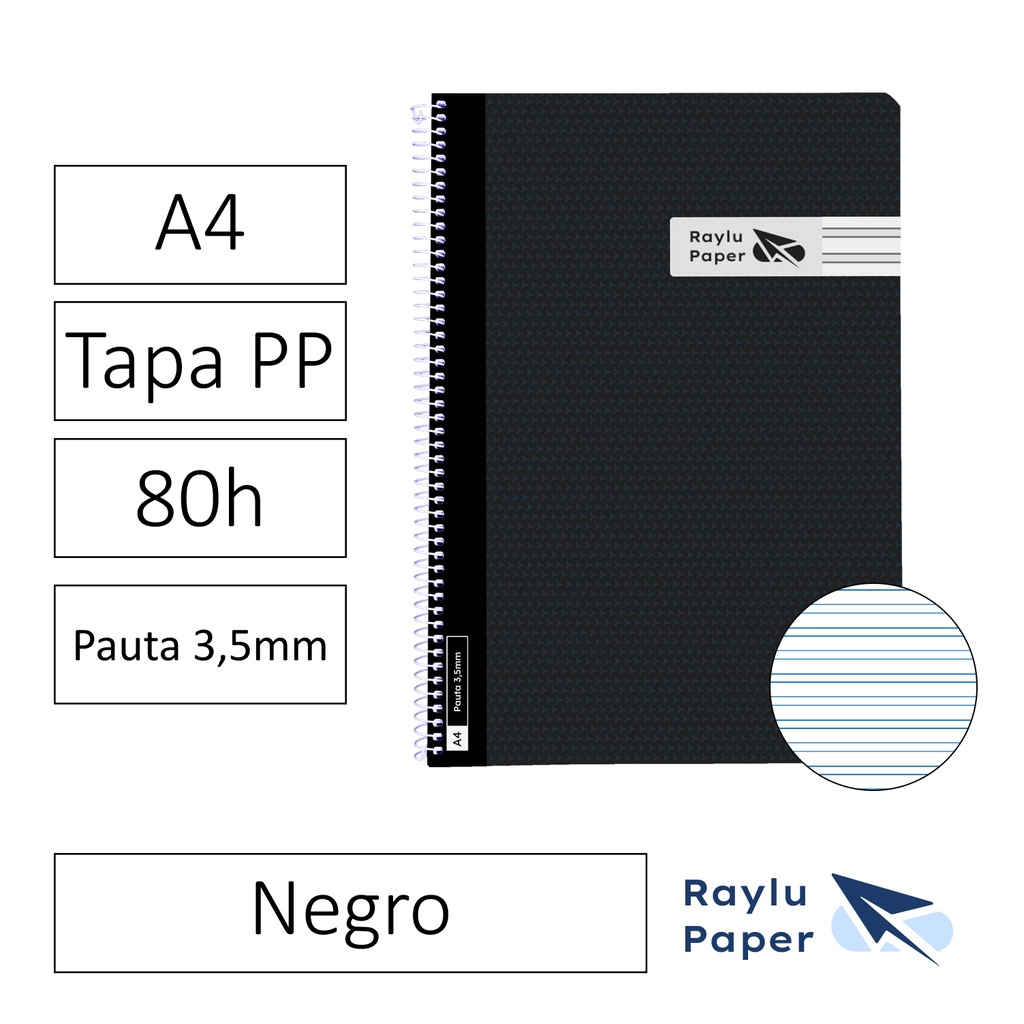 BLOC ESPIRAL FOLIO TAPA PLASTICO 80 HOJAS 90 GRAMOS PAUTA 3,5MM NEGRO RAYLU