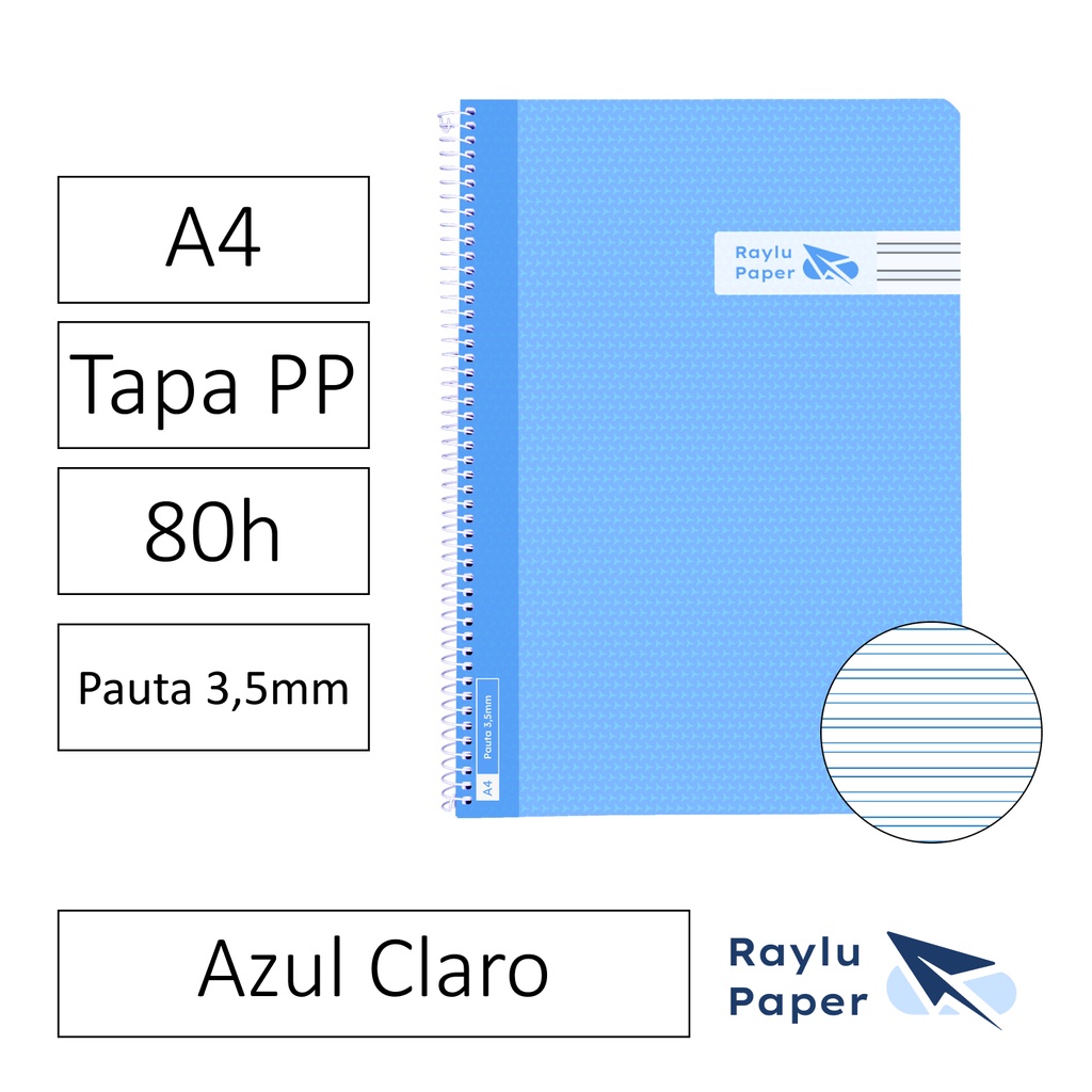 BLOC ESPIRAL FOLIO TAPA PLASTICO 80 HOJAS 90 GRAMOS PAUTA 3,5MM AZUL CLARO RAYLU
