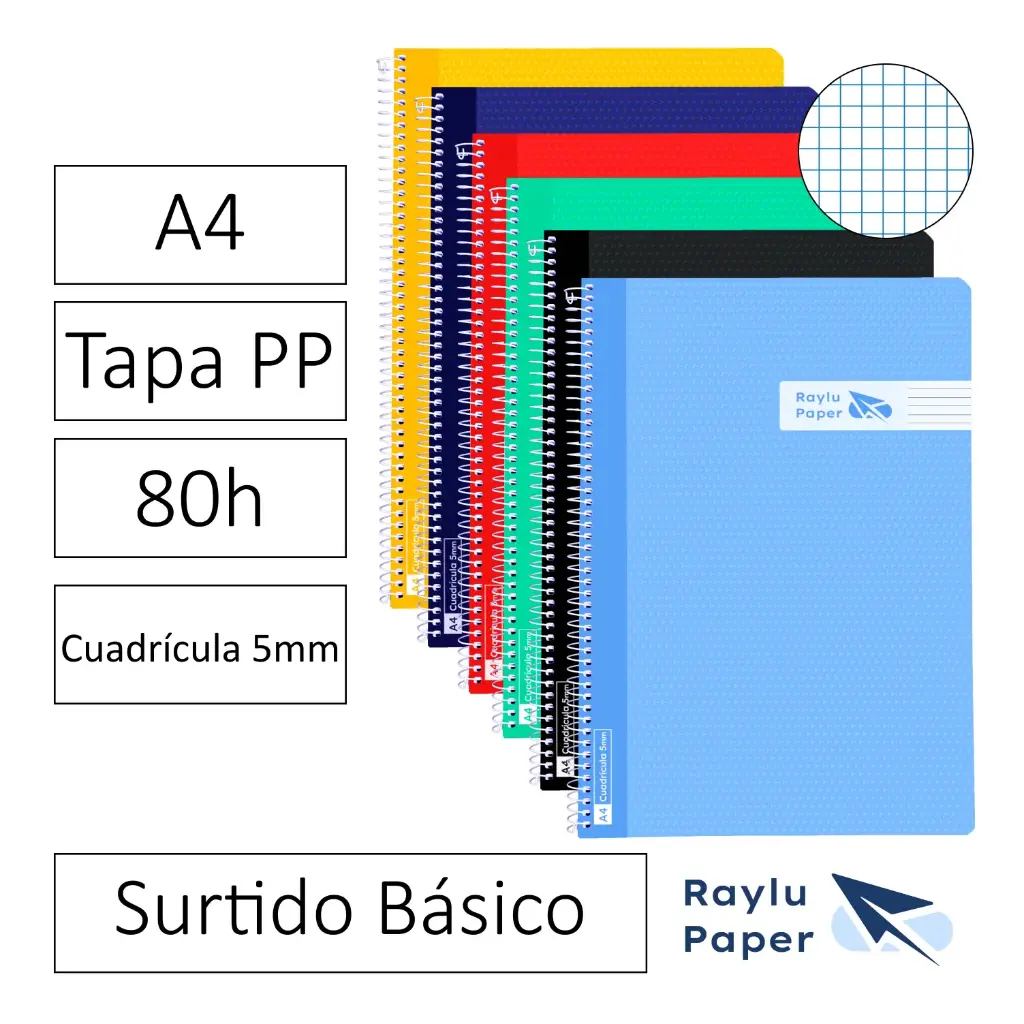 BLOC ESPIRAL FOLIO TAPA PLASTICO 80 HOJAS 90 GRAMOS CUADRO 5MM COLORES VIVOS RAYLU