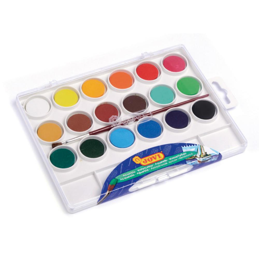 ACUARELA JOVI 18 PASTILLAS 22 MM – ESTUCHE DE PLÁSTICO CON PINCEL – JOVI