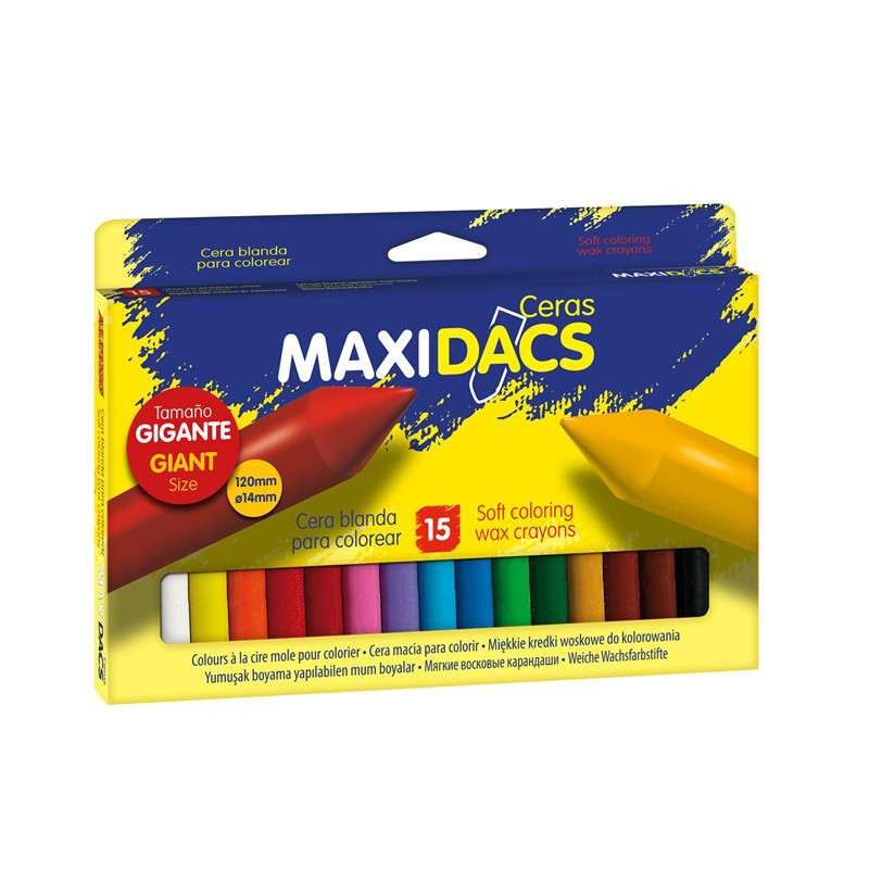 CERAS INFANTILES MAXIDACS · ESTUCHE 15 · EXTRA GRANDES 120 MM · Ø14 MM · TRAZO SUAVE · ETIQUETA ANTIMANCHAS