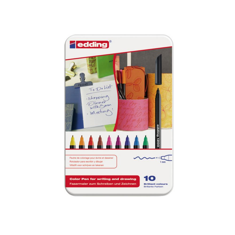 ROTULADOR EDDING CAJA METÁLICA CON 10 ROTULADORES DE FIBRA – COLORES SURTIDOS – PUNTA REDONDA 0,5 MM
