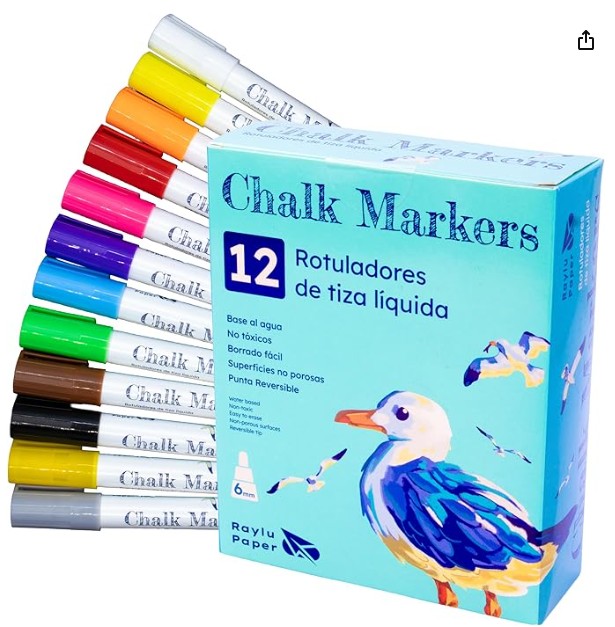 ROTULADORES DE TIZA LÍQUIDA 12 COLORES (BASE AL AGUA, PUNTA REVERSIBLE) RAYLU PAPER