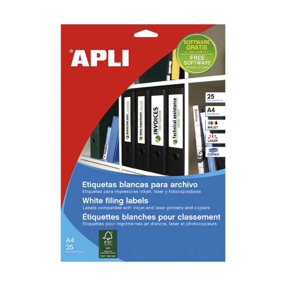 APLI ETIQUETAS BLANCAS PARA ARCHIVO 190 X 61 MM | 25 HOJAS (100 ETIQUETAS)