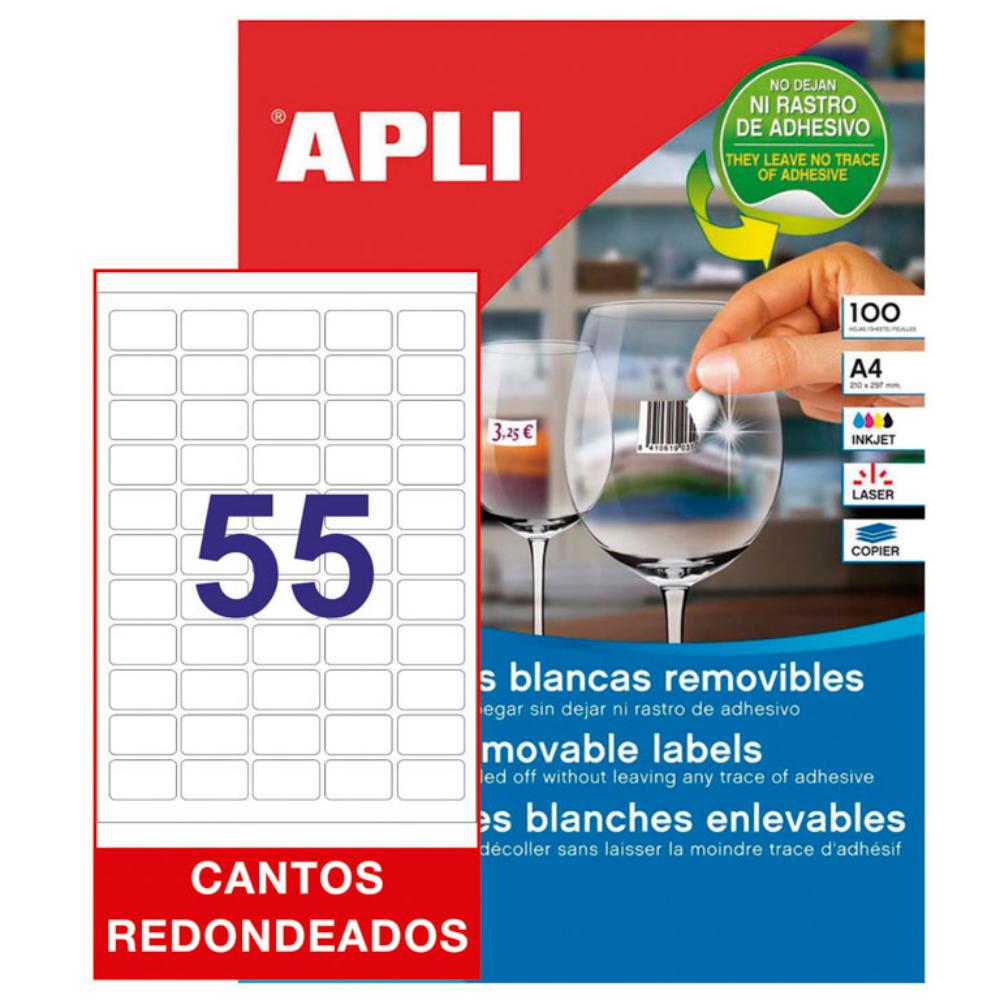 APLI ETIQUETAS BLANCAS REMOVIBLES 36,8 X 23,8 MM | 100 HOJAS (5.500 ETIQUETAS)
