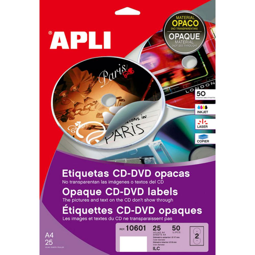 APLI ETIQUETAS CD/DVD PERMANENTES TAMAÑO MEGA Ø 117 MM OPACAS | 25 HOJAS (50 ETIQUETAS)
