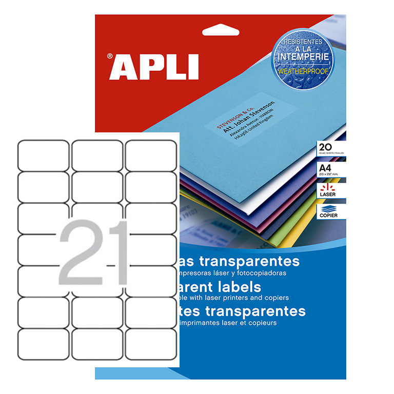APLI ETIQUETAS TRANSLÚCIDAS RESISTENTES INTEMPERIE 63,5X38,1MM 20 HOJAS 