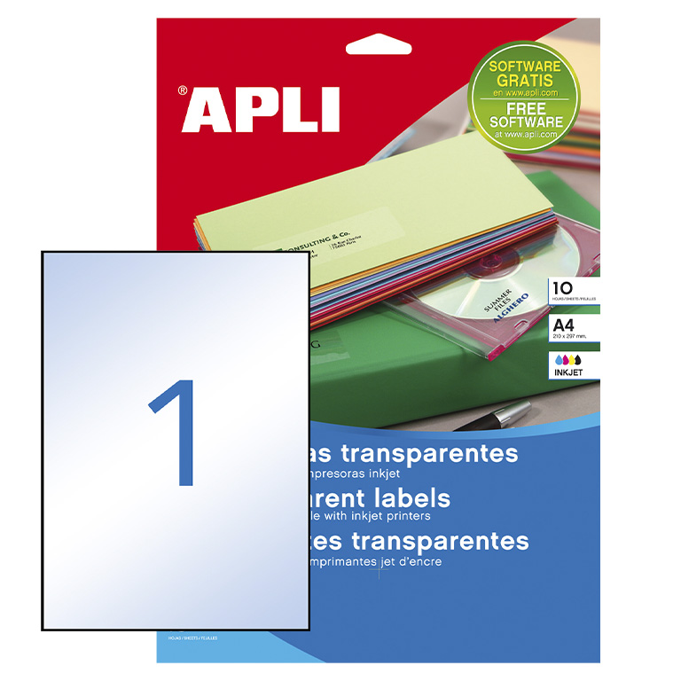 APLI ETIQUETAS TRANSPARENTES PERMANENTES 210 X 297 MM (A4) | 10 HOJAS (10 ETIQUETAS)