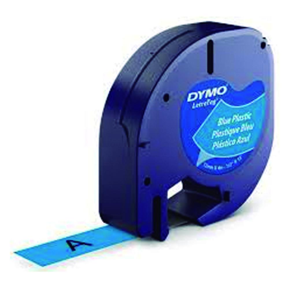 CINTA DYMO LETRATAG PLÁSTICO 12 MM × 4 M · NEGRO SOBRE AZUL · ADHESIVO PERMANENTE · RESISTENTE Y LIMPIABLE
