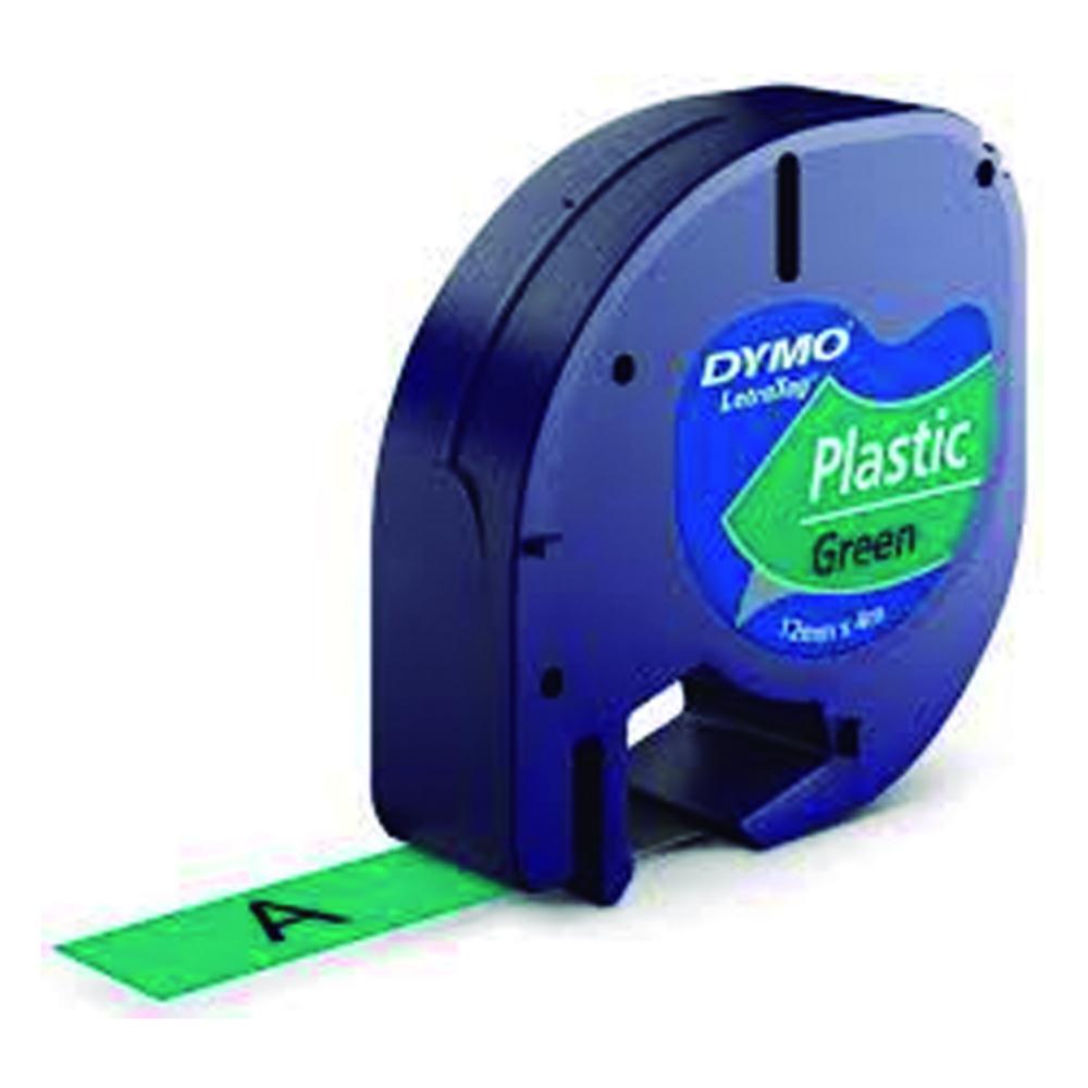 CINTA DYMO LETRATAG PLÁSTICO 12 MM × 4 M · NEGRO SOBRE VERDE · ADHESIVO PERMANENTE · RESISTENTE Y LIMPIABLE