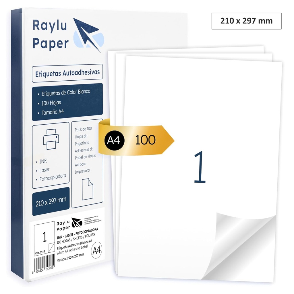 RAYLU PAPER – ETIQUETAS ADHESIVAS A4 PARA IMPRIMIR (1 POR HOJA – 210 x 297 MM) | PACK 100 HOJAS
