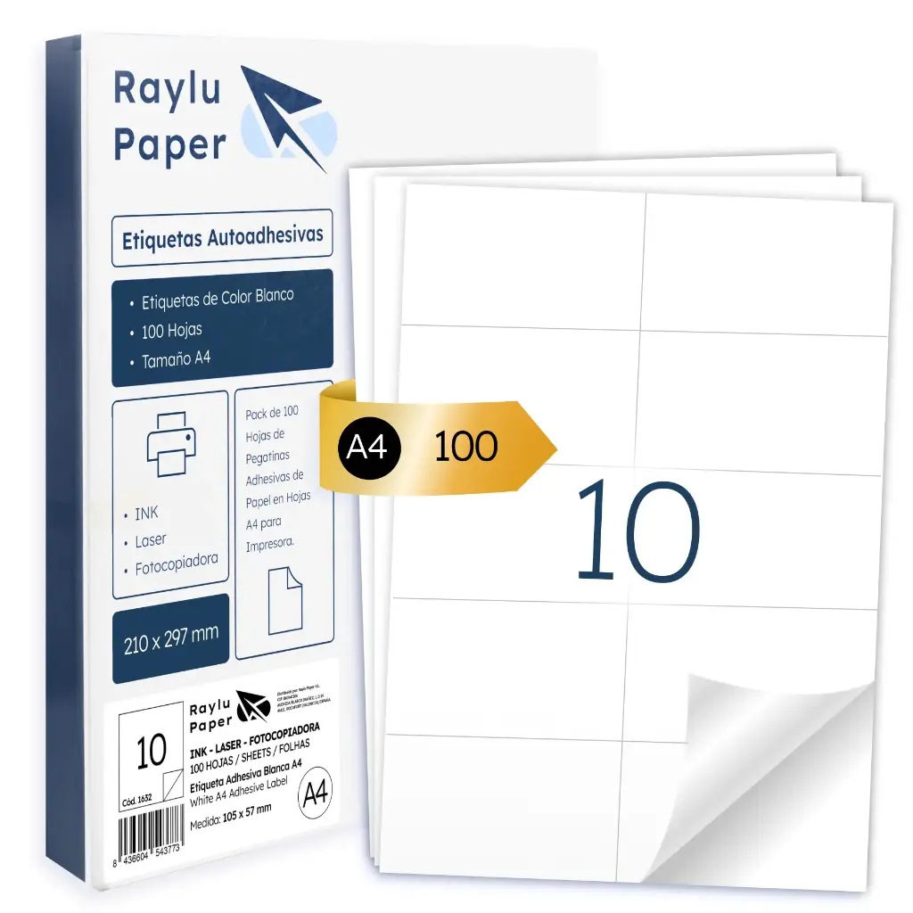 ETIQUETAS ADHESIVAS A4 RAYLU 10 POR HOJA 105x57MM 100 HOJAS