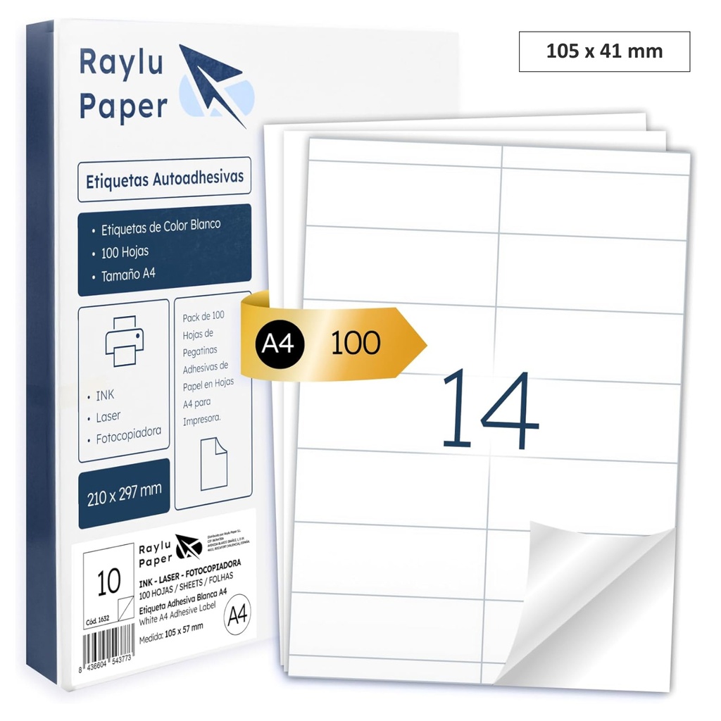 RAYLU PAPER – ETIQUETAS ADHESIVAS A4 PARA IMPRIMIR (14 POR HOJA – 105 x 41 MM) | PACK 100 HOJAS