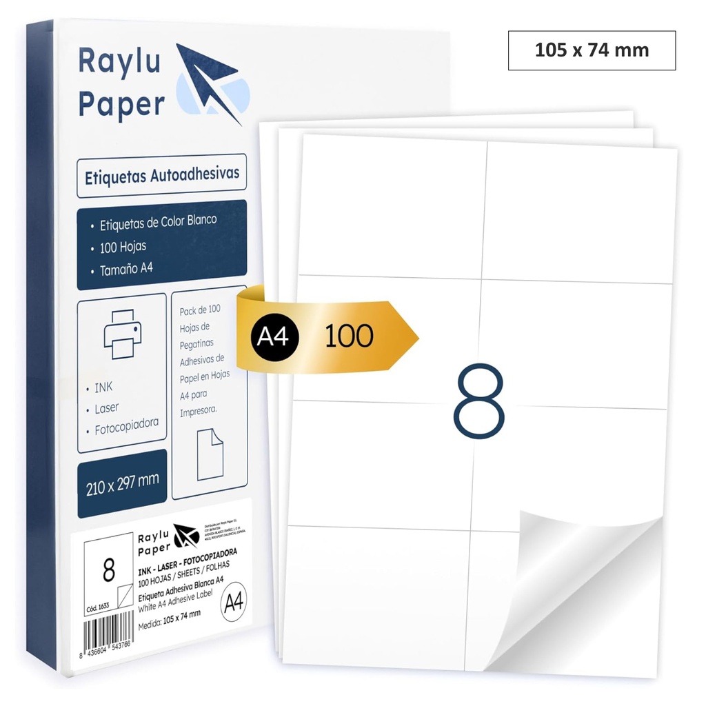 RAYLU PAPER – ETIQUETAS ADHESIVAS A4 PARA IMPRIMIR (8 POR HOJA – 105 x 74 MM) | PACK 100 HOJAS