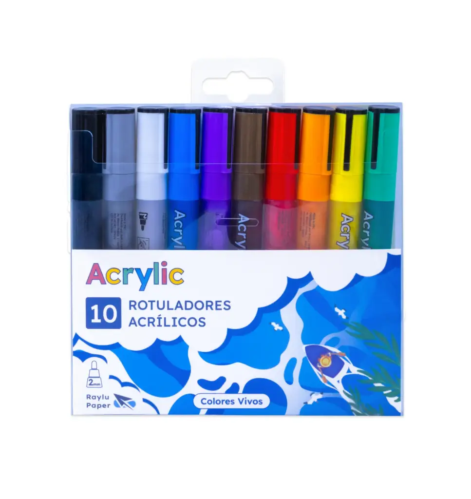 ROTULADOR RAYLU ACRYLIC – ESTUCHE 10 COLORES BÁSICOS BASICOS1 (AMARILLO LIMÓN, AZUL MARINO, BLANCO, GRIS OSCURO, LILA, MARRÓN, NARANJA, NEGRO, ROJO, VERDE MANZANA)