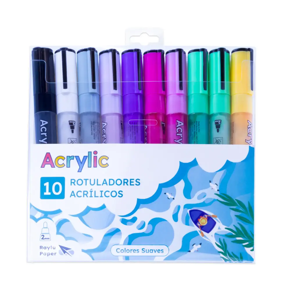 ROTULADOR RAYLU ACRYLIC – ESTUCHE 10 COLORES BÁSICOS BASICOS2 (AMARILLO OSCURO, AZUL TURQUESA, BLANCO, GRIS CLARO, LAVANDA, NEGRO, RUBÍ, ROSA, VERDE CLARO, VIOLETA)