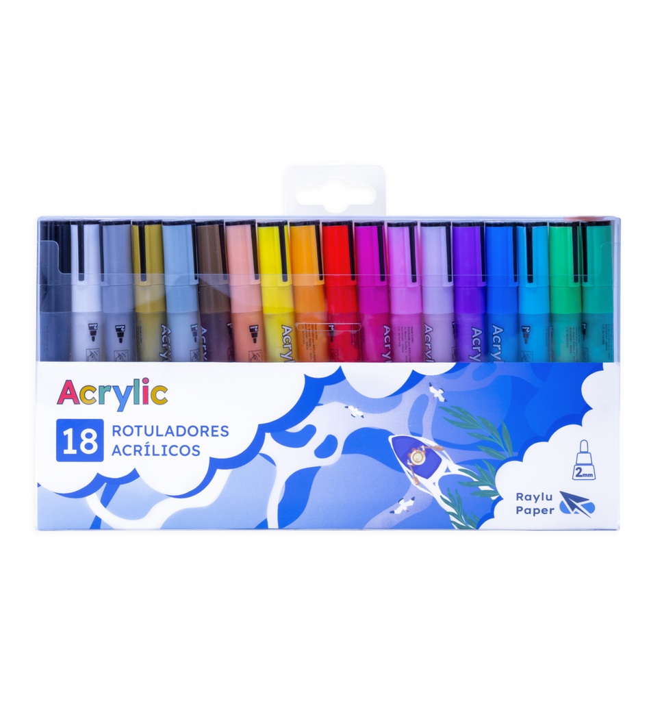 ROTULADOR RAYLU ACRYLIC – ESTUCHE 18 COLORES SURTIDOS (AMARILLO LIMÓN, AMARILLO OSCURO, AZUL MARINO, AZUL TURQUESA, BLANCO, GRIS CLARO, GRIS OSCURO, LAVANDA, LILA, MARRÓN, NARANJA, NEGRO, ROJO, RUBÍ, ROSA, VERDE MANZANA, VERDE CLARO, VIOLETA)