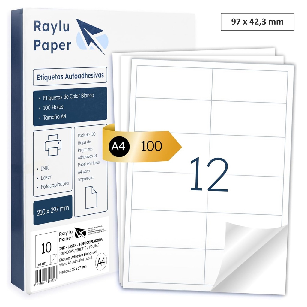 RAYLU PAPER – ETIQUETAS ADHESIVAS PARA IMPRIMIR (97 x 42,3 MM – 12 POR HOJA) | PACK 100 HOJAS