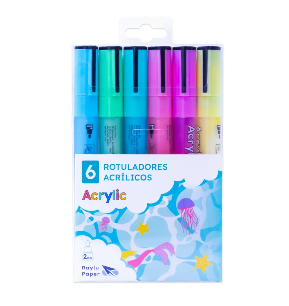 ROTULADOR RAYLU ACRYLIC – ESTUCHE 6 COLORES PASTEL (AMARILLO, ROSA, NARANJA, AZUL, VIOLETA, VERDE)
