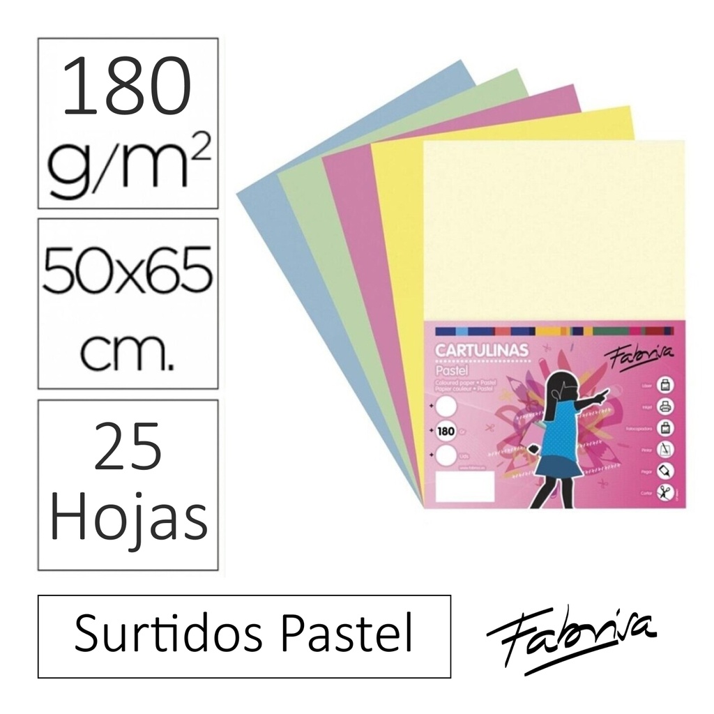 CARTULINA 50×65 PASTEL (180 g/m²) · PACK 25 HOJAS · COLORES PASTEL SURTIDOS (FABRISA · REF. 17035)
