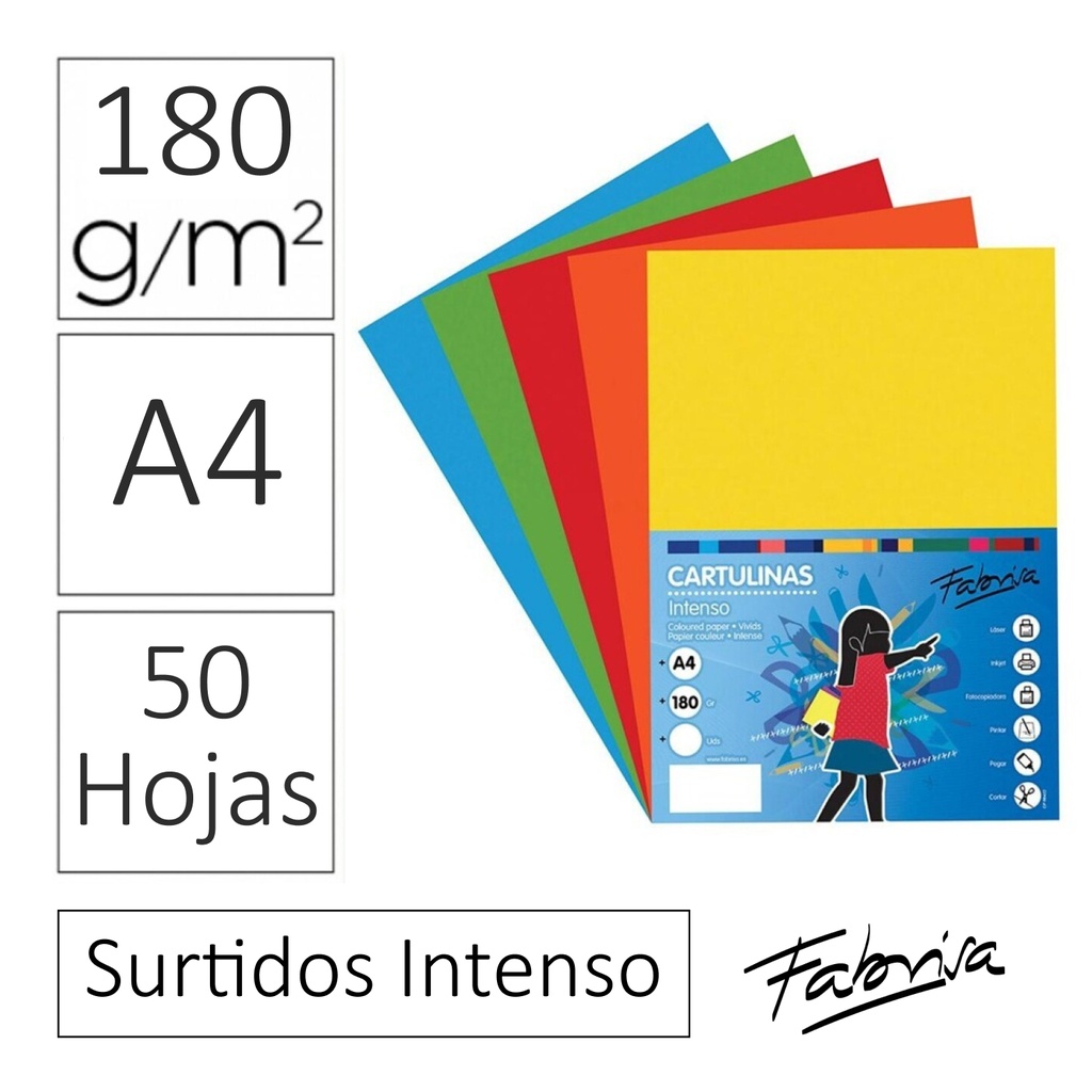 CARTULINA A4 FUERTE · PACK 50 HOJAS SURTIDAS · COLORES INTENSOS · USO ESCOLAR Y MANUALIDADES
