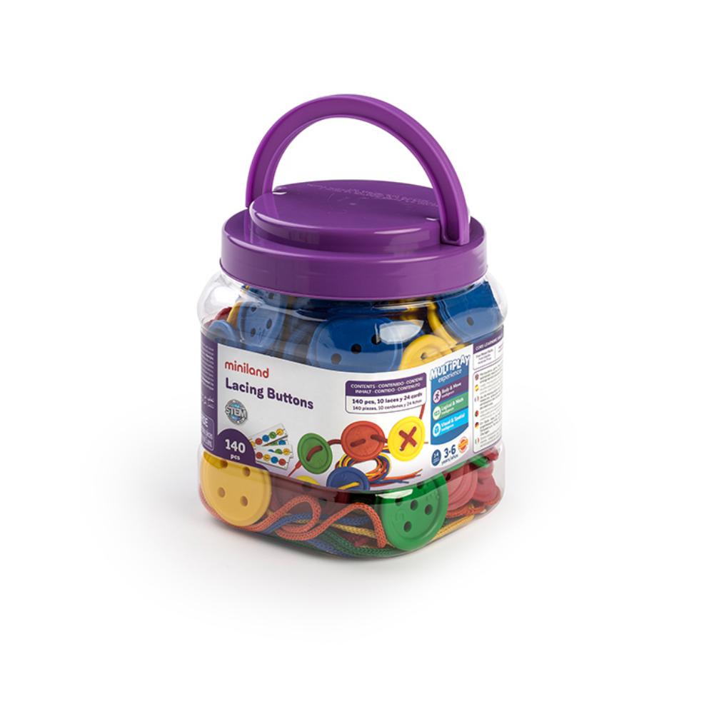 MINILAND EDUCATIONAL PIEZAS ENSARTABLES BOTONES – BOTE 140 PIEZAS + 10 CORDONES – JUEGO EDUCATIVO 3-6 AÑOS – EAN 8413082317157